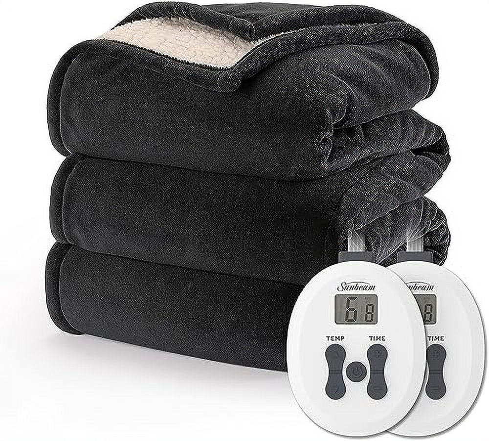Sunbeam Royal Luxe Sherpa Night Fog Heated Blanket Machine Washable, King