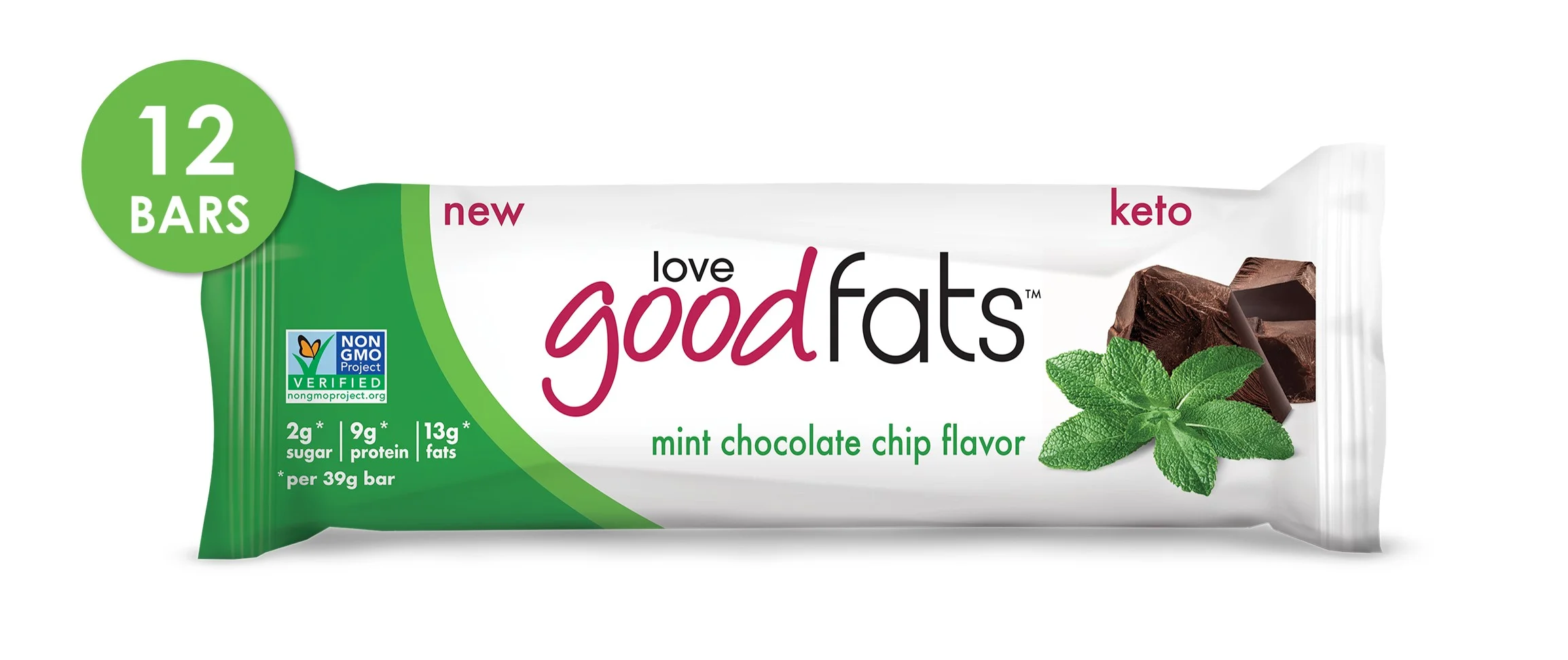 Love Good Fats Bars – Mint Chocolate Chip – Keto-Friendly Protein Bar with Natural Ingredients – Low Sugar, Low Carb, Non GMO, Gluten & Soy Free Snacks for Ketogenic Diets – (12 Count)