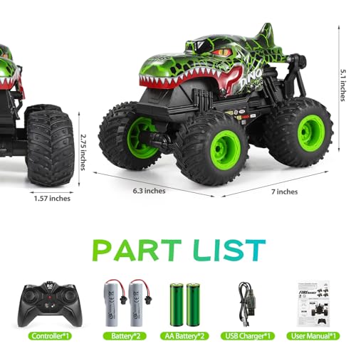DYODYORC Remote Control Car, 2.4Ghz All Terrain Dinosaur Monster Truck Toys, RC Truck with Music, 3 Lighting Effects, 360 Stunt Capable, All Included Ready to Run, Toy Gifts for Boys and Girls (Cyan)
