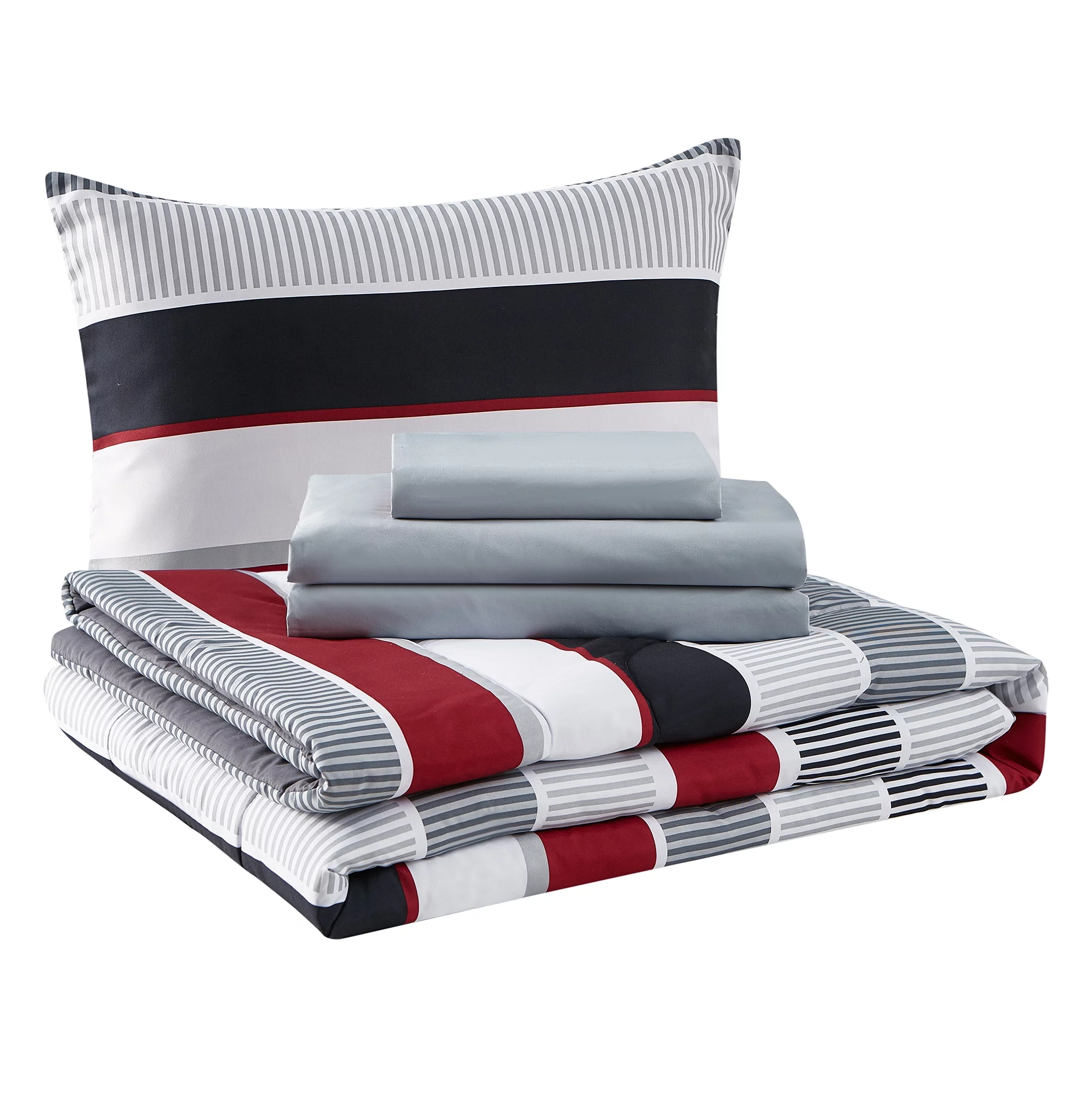 Mainstays Red and Gray Stripe 6 Piece Bed in a Bag Comforter Set With Sheets, Twin
