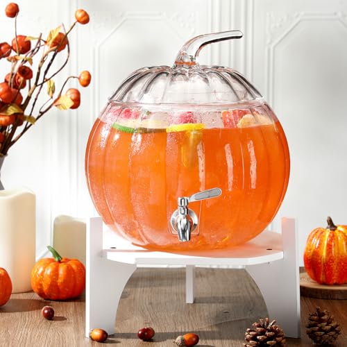 2 Gallon Pumpkin Glass Drink Dispenser with Stand Thanksgiving Pumpkin Shaped Beverage Dispenser with Spigot Clear Juice Alcohol Cocktail Tea Dispenser for Halloween Fall Party Decorations