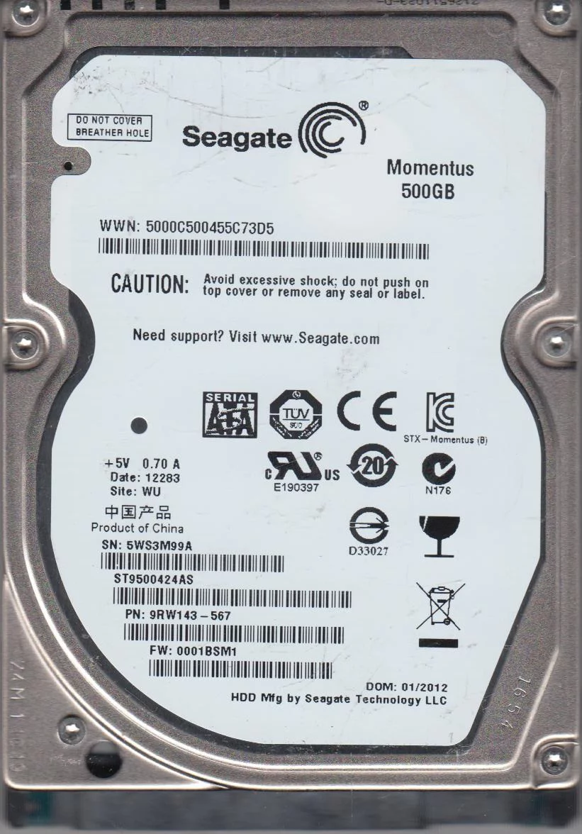 ST9500424AS, 5WS, WU, PN 9RW143-567, FW 0001BSM1, Seagate 500GB SATA 2.5 Hard Drive