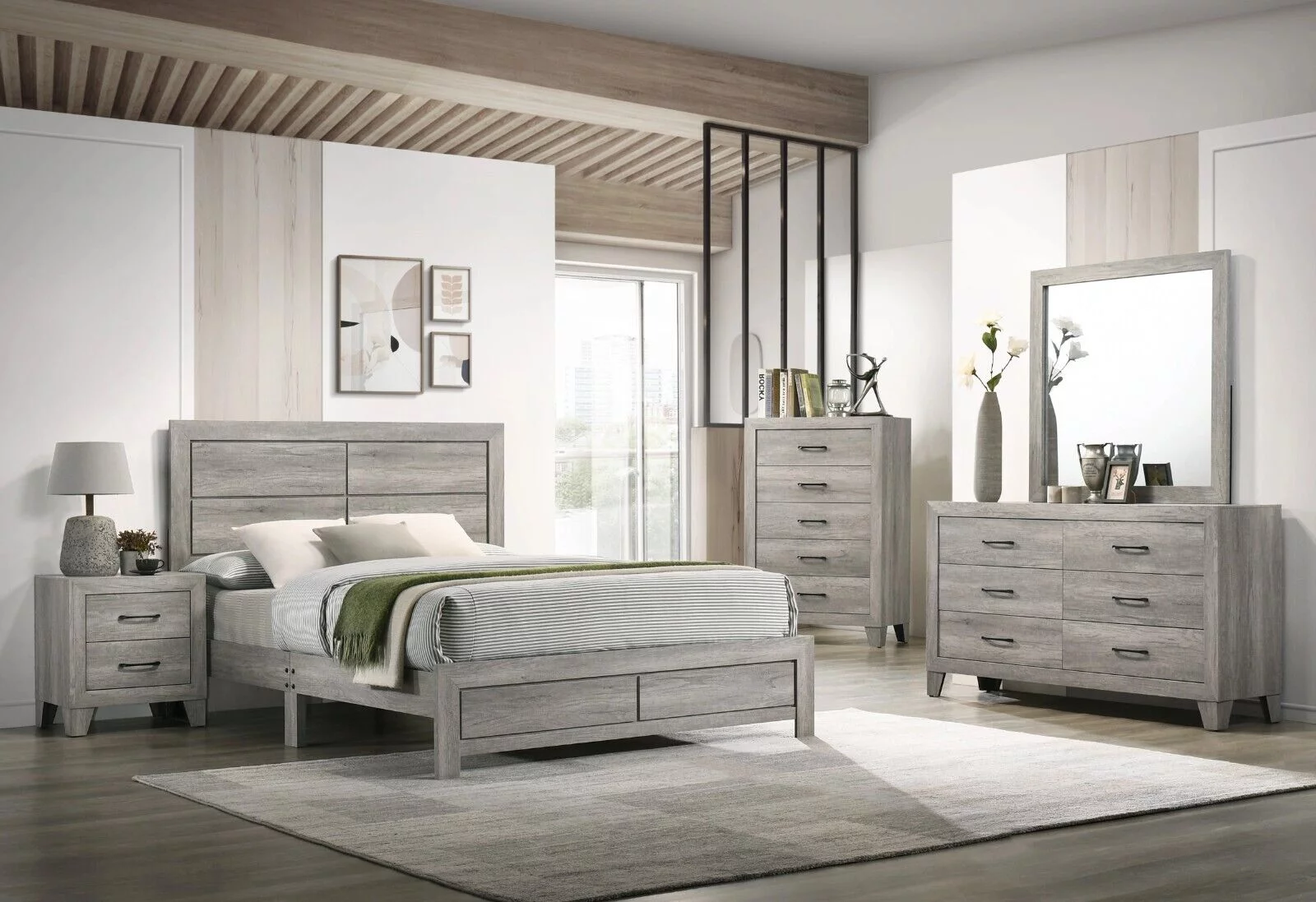 Contemporary 5pc Full Size Platform Bedroom Set Gray Finish Bed Dresser Mirror Nightstand Wooden Bedroom Furniture