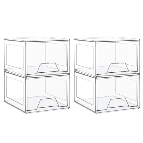 4 Pack Stackable Makeup Organizer,4.4'' Tall Acrylic Bathroom Organizer and Storage Drawers, Clear Plastic Drawer Storage Bins For Vanity, Undersink, Cabinets, Pantry