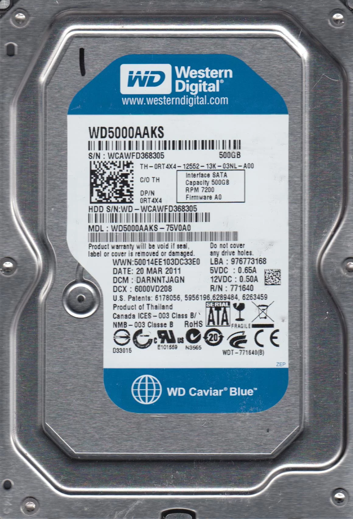 WD5000AAKS-75V0A0, DCM DARNNTJAGN, Western Digital 500GB SATA 3.5 Hard Drive