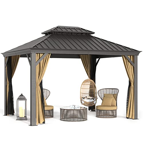 Waterproof and Ventilated Double Roof 10x12 Gazebo, High Load-Bearing Capacity Hard Aluminum Metal Gazebo, with Privacy Side Walls and Mosquito Net, Earth Brown Color.for Patio,Backyard.