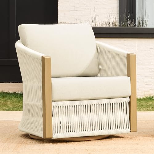 CHITA 3 Pieces Boho Patio Rattan Bistro Set, Outdoor Wicker Furniture Swivel Chairs and Side Table Set, Fully Assembled(Cream)