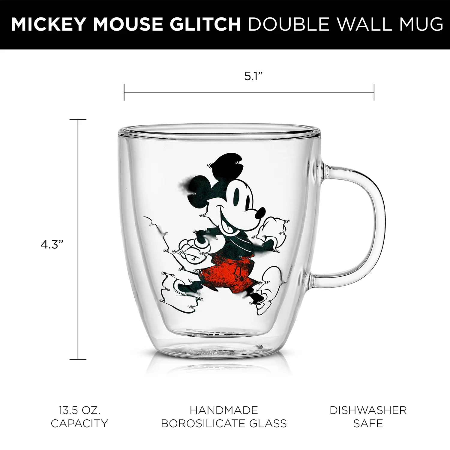 JoyJolt Mickey Mouse Glitch Double Wall Coffee Mugs 13.5 oz - Set of 2