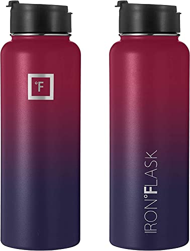 IRON °FLASK Camping & Hiking Hydration Flask with 3 Lids - Stainless Steel, Double Walled & Vacuum Insulated Water Bottle - Leak Proof & BPA Free (Midnight Black, Straw - 40 oz)