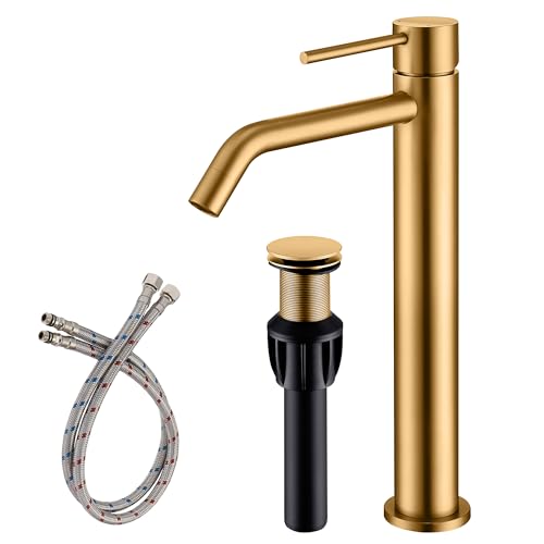 Brushed Gold Vessel Sink Faucet with Pop Up Drain and Supply Lines, Stainless Steel Gold Vanity Faucet Single Hole, JXMMP Single Handle Bathroom Faucet Gold, JXM1001BG