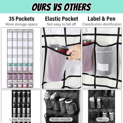 35 Pockets Over the Door Water Bottle Organizer Hanging Water Bottle Organizer with Elastic Strap Mesh Bag and Pen Water Bottle Holder for Door Closet Pantry Storage Rack(White)