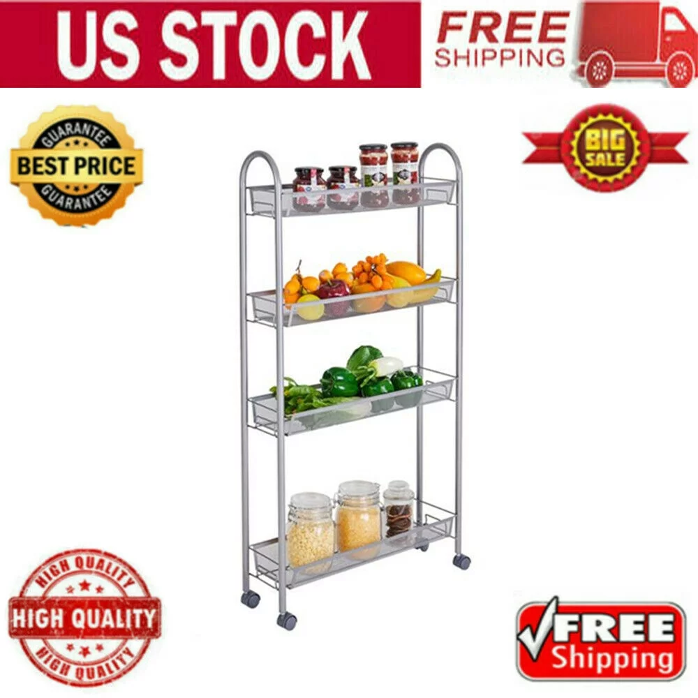 4 Tier Slim Storage Cart Mobile Shelving Unit Organizer Slide Out Storage Rolling Utility Cart Tower Rack for Kitchen Bathroom Laundry Narrow Places, Plastic & Stainless Steel, Silver