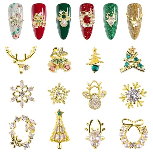 12PCS Christmas Nail Charms, EBANKU 3D Xmas Zircon Charms for Nails Snowflake Christmas Tree Nail Rhinestones Reindeer Metal Nail Art Diamond Gems for Christmas Nail Art Decoration
