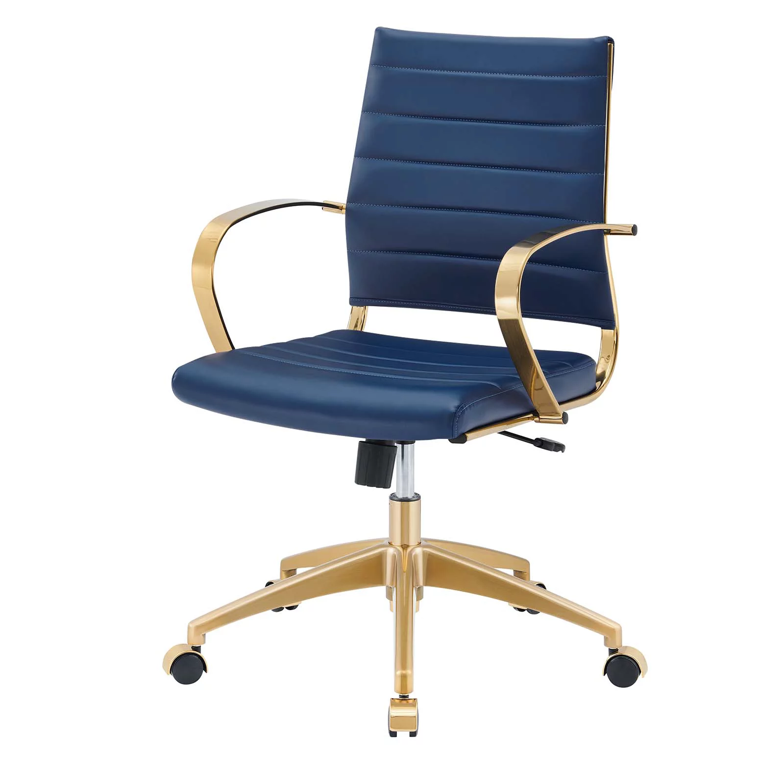 Computer Work Desk Middle Back Chair, Navy Gold, Faux Vinyl Leather, Modern Contemporary, Home Business Office Furniture