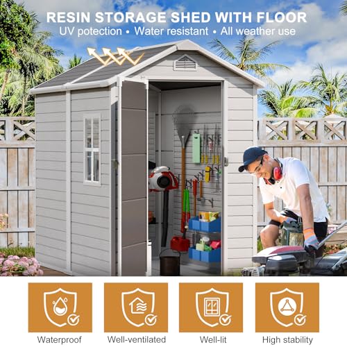 Outdoor Resin Storage Shed with Floor Included 5x3 FT, Waterproof Outside Sheds with Window Lockable Door, Plastic Sheds for Backyard Garden Patio Lawn Tools, Gray