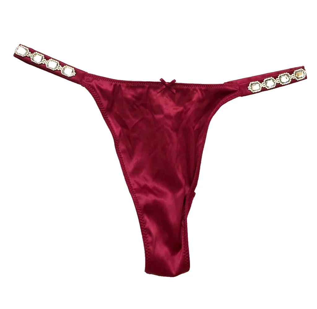 Victoria's Secret Dream Angels Bejeweled Strap Satin Thong Panty Claret Red Size X-Large NWT