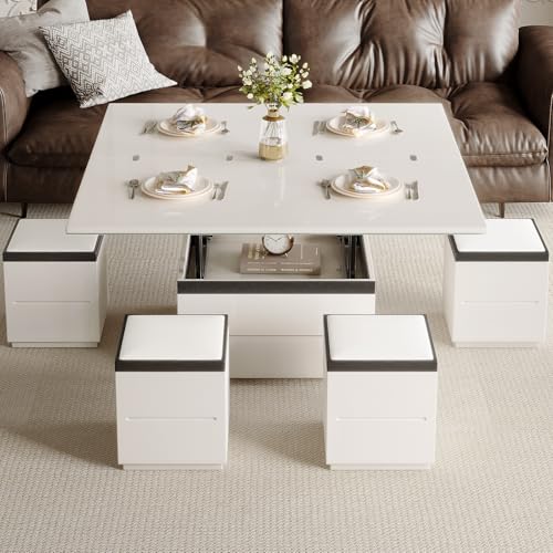 Sturdy Coffee Table with Lifting Top,Multifunction Modern Coffee Table with Four Stools,Storage Extendable End Tables for Living Room,Apartment,Eating Area,White