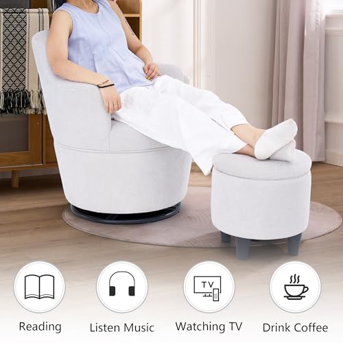 360° Swivel Accent Chairs with Ottoman, Modern Comfy Fabric Barrel Living Room Chair, Leisure Bedroom Armchair with Footstool, Blue