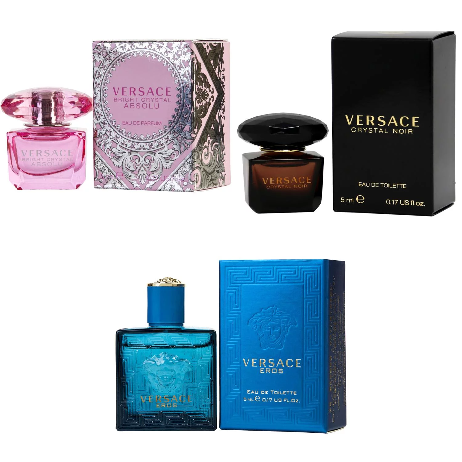 Versace Bright Crystal Absolu EDP, Crystal Noir EDT, Eros Men EDT - 5ml 3PK Kit