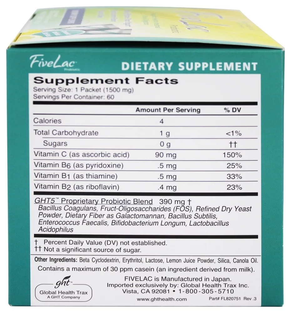 Global Health Trax (GHT) - FiveLac Probiotic Natural Lemon Flavor - 60 Packet(s)