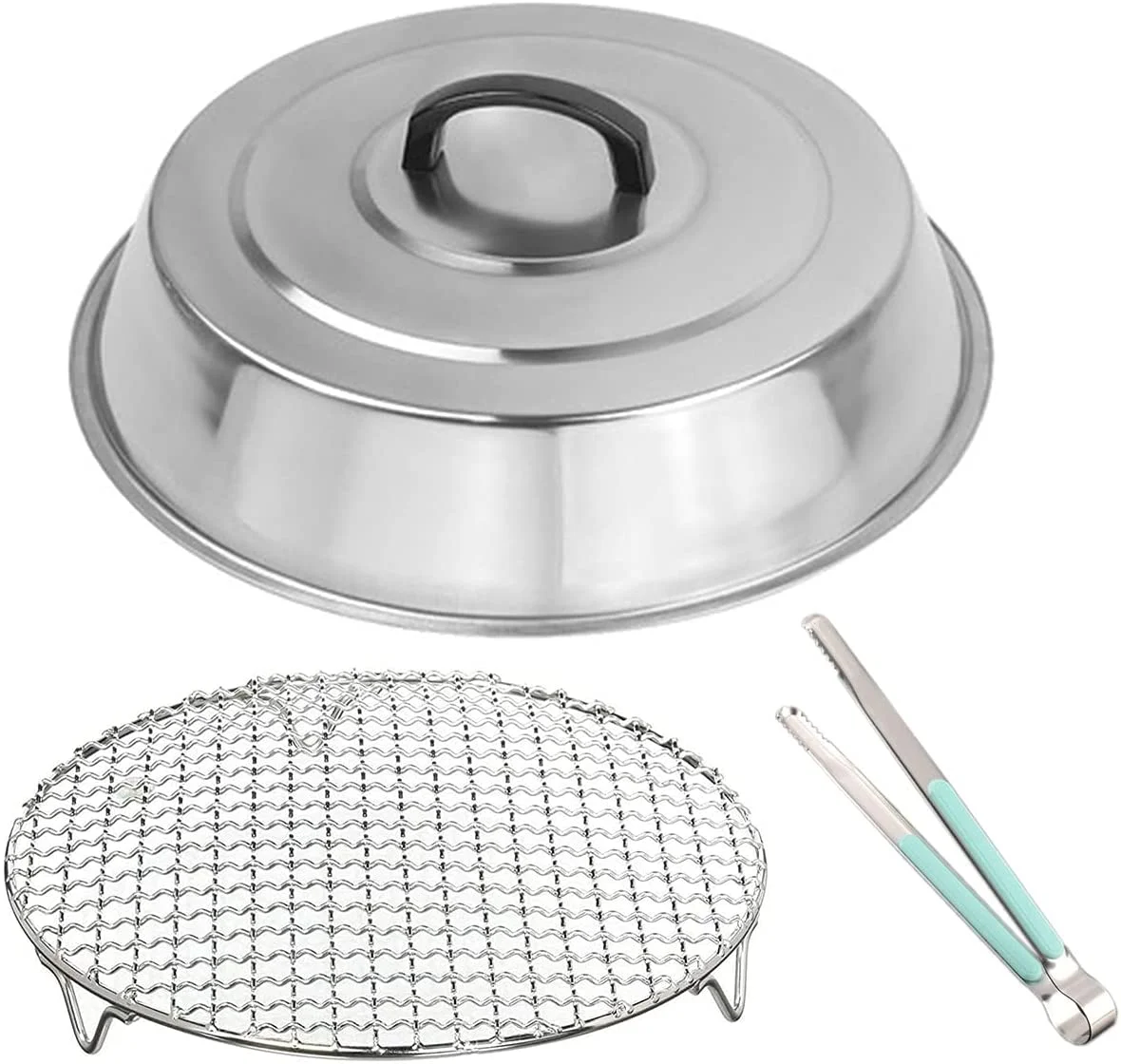 3-Piece Multi-Purpose 12 Inch Round Stainless Steel Basting Cover Dome and Cooling Wire Racks and BBQ Tong, Best for Blackstone Camp Chef Flat Top Griddle Grills Cooking