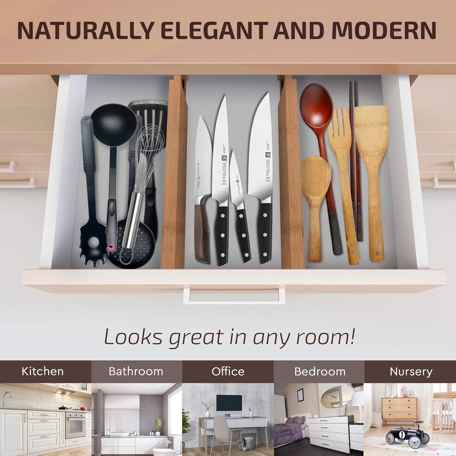 Adjustable Bamboo Drawer Divider Organizers - Fits Large Drawers Sized 17.5