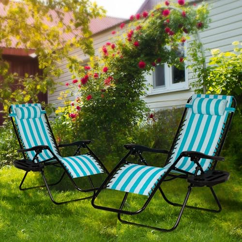 Nazhura Set of 2 Relaxing Recliners Patio Chairs Adjustable Steel Mesh Zero Gravity Lounge Chair Beach Chairs with Pillow and Cup Holder (Dark Green)
