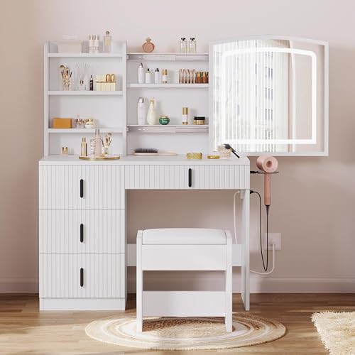 YITAHOME Fluted Vanity Desk with Mirror and Light, Big Vanity Set with Power Outlet, Hidden Jewelry Storage, Makeup Desk with 4 Drawers, Dressing Table with Soft Stool, 3 Lighting Color Modes, White