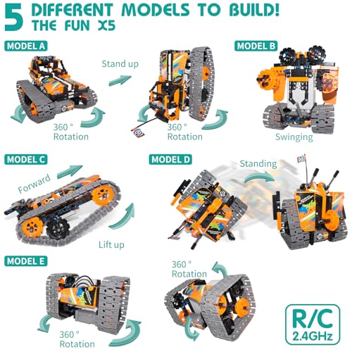 5 in 1 STEM Remote Control Building Kit, 392Pcs Blocks Erector Projects Set Toys for Kids Age 8-12, Build a Tank/Robot/AVT DIY Science Educate 6 7 9 10 11 Years Old for Boys & Girls Gift Ideas