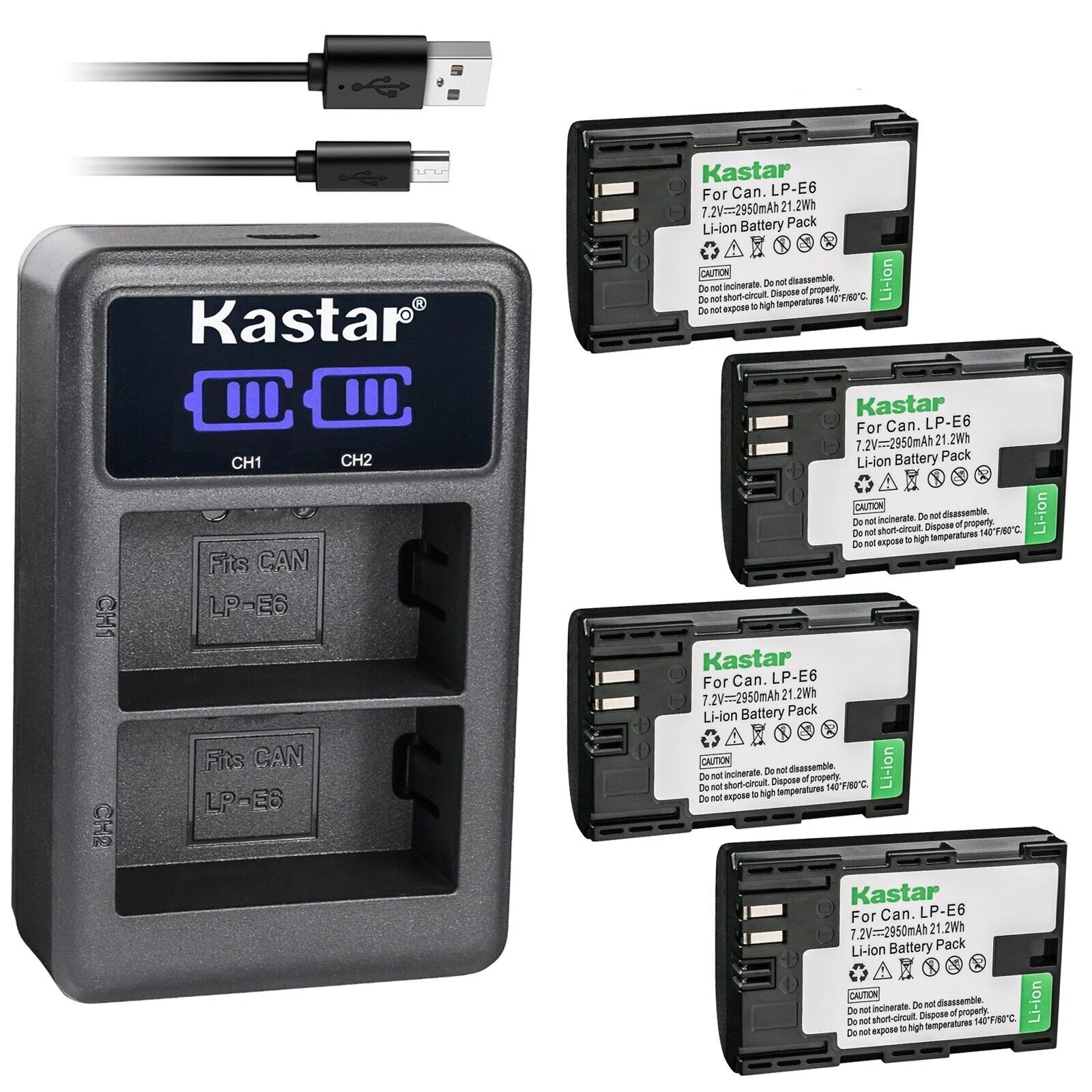 Kastar 4-Pack LP-E6 Battery and LED2 USB Charger Compatible with Canon LP-E6, LP-E6N, LP-E6NH Battery, LC-E6, LC-E6E Charger, BG-E6, BG-E9, BG-E11, BG-E13, BG-E14, BG-E16, BG-E20, BG-E21, BG-E22 Grip