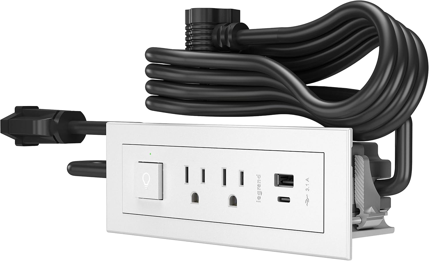 Legrand Wiremold RDSZCWH10 radiant Furniture Power Center with USB and Switch, Recessed Power Strip, 2 Outlets, Type A/C USB, 10 Foot Cord, White