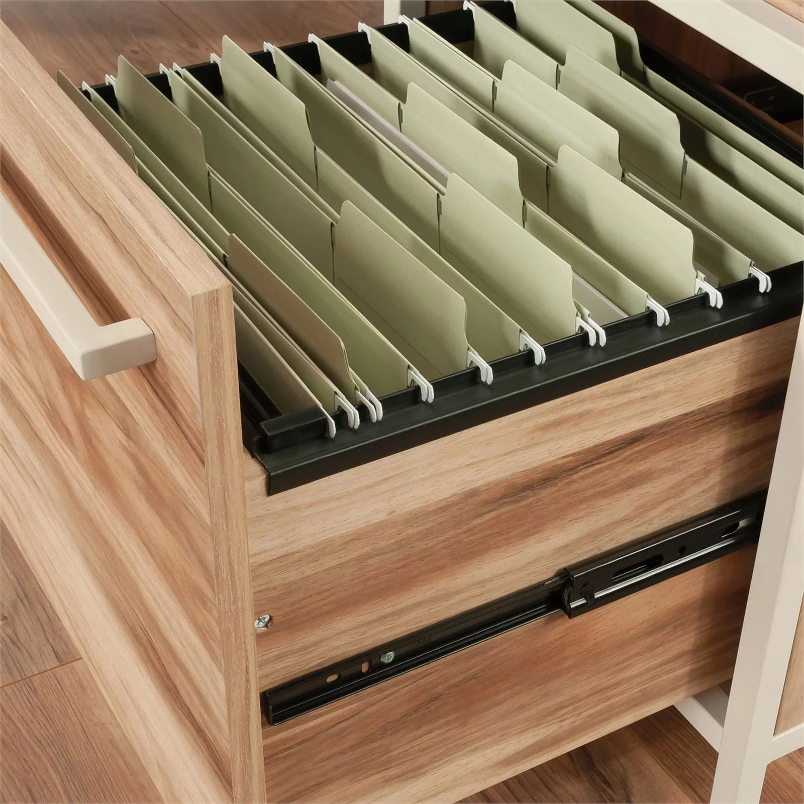 Pemberly Row Engineered Wood L-Desk in Kiln Acacia / Brown Finish