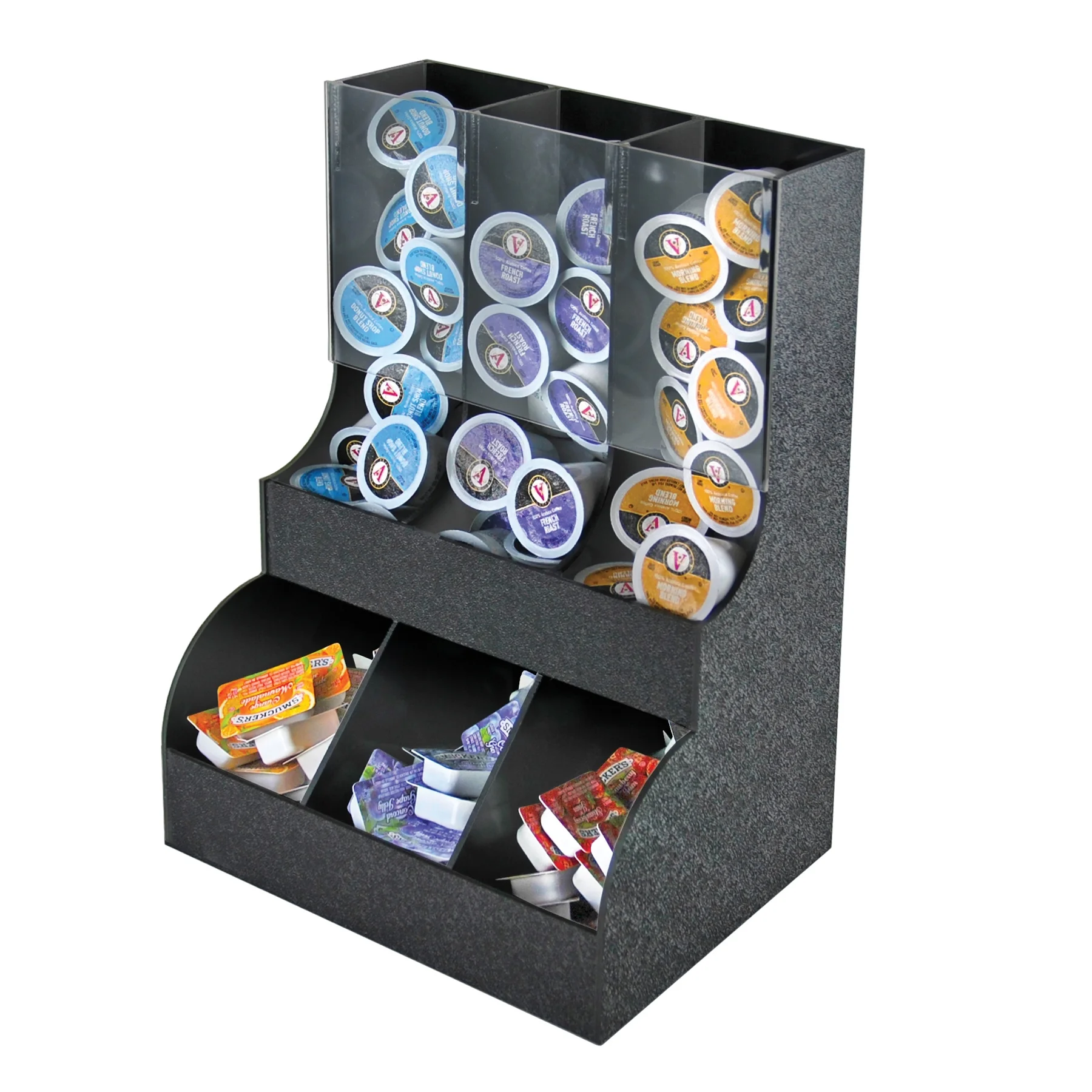 Azar Displays 400323 CLOSEOUT: Black Six Compartment Two-tiered Condiment Organizer with Clear Front