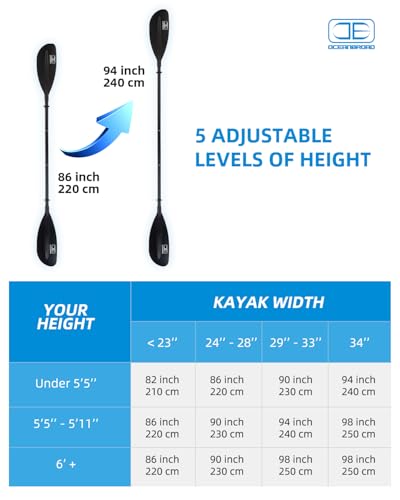 OCEANBROAD Adjustable Kayak Paddle 86in/220cm to 94in/240cm Kayaking Boating Canoeing Oar with Paddle Leash 1 Paddle