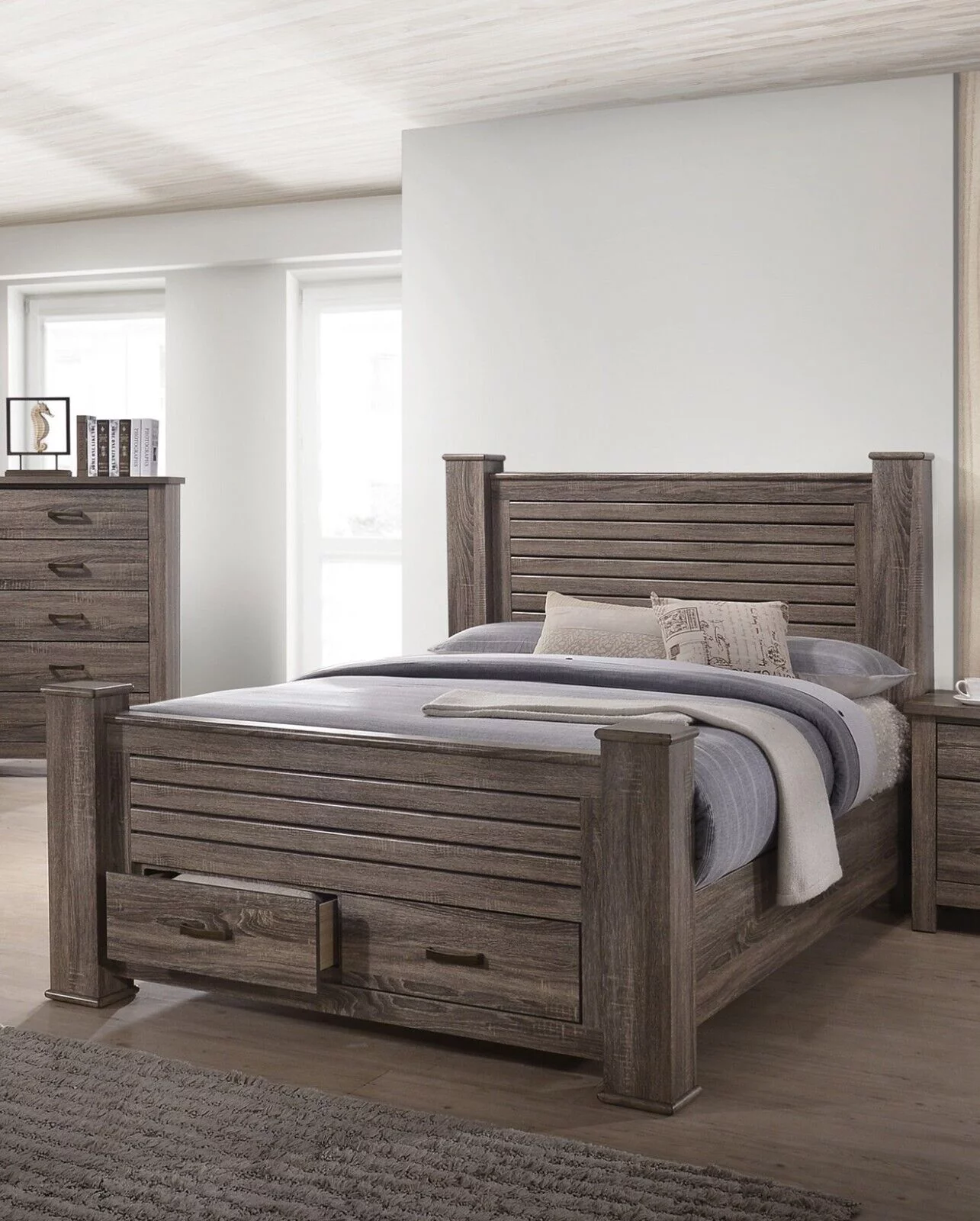 Eastern King Size Bed 1pc Bedroom Furniture Crafted Bed Headboard Footboard Storage Drawers Wooden Natural Finish