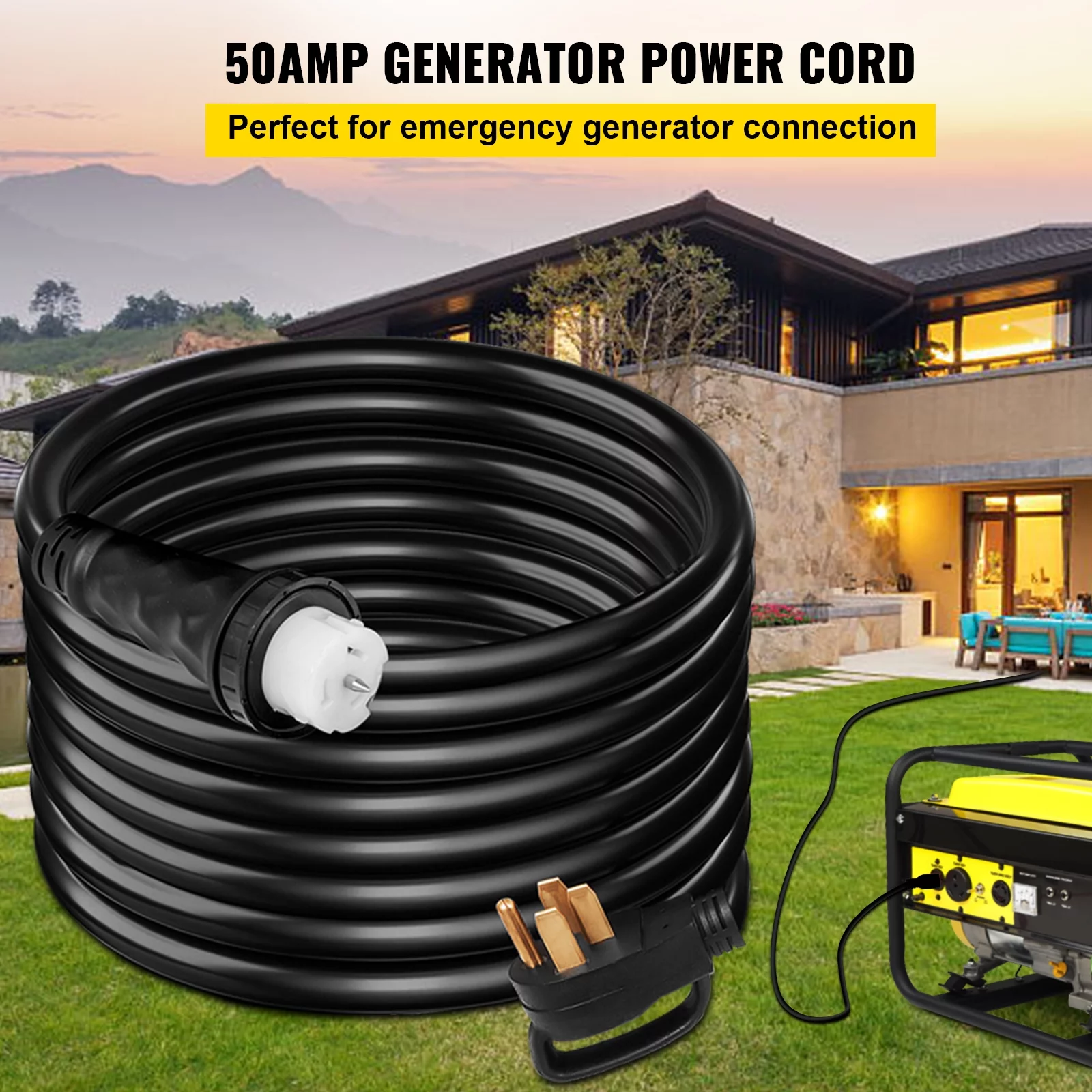 VEVOR 50 Amp Generator Extension Cord STW 6/3 + 8/1 Generator Cord 125V 250V UL Listed Generator Power Cord N14-50P & SS2-50R & CS6364 Twist Lock Connectors(50Ft 50Amp)