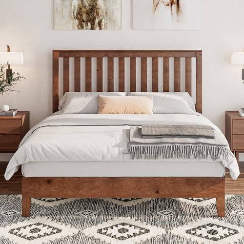 Full Size Solid Wood Bed Frame with Headboard, Platform Bed with Slat Support/No Box Spring Needed/Easy Assembly, Walnut