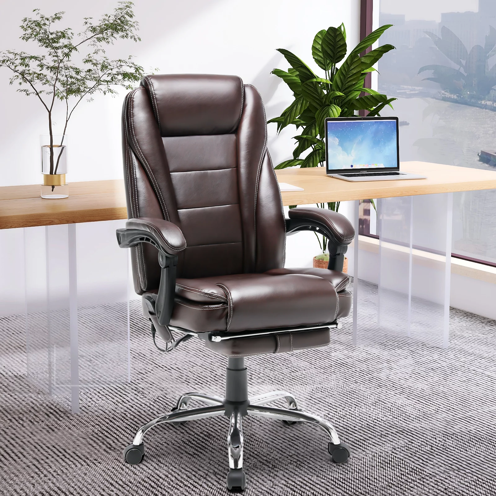 Homrest Executive Massage Office Chair, Ergonomic High Back Cushion, PU Leather Computer Desk Chair with Footrest, Padded Armrest, Adjustable Height, Brown