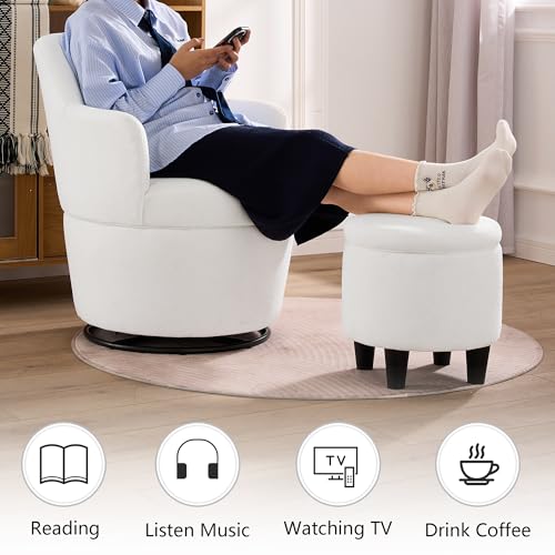360° Swivel Accent Chairs with Ottoman, Modern Comfy Fabric Barrel Living Room Chair, Leisure Bedroom Armchair with Footstool, Blue