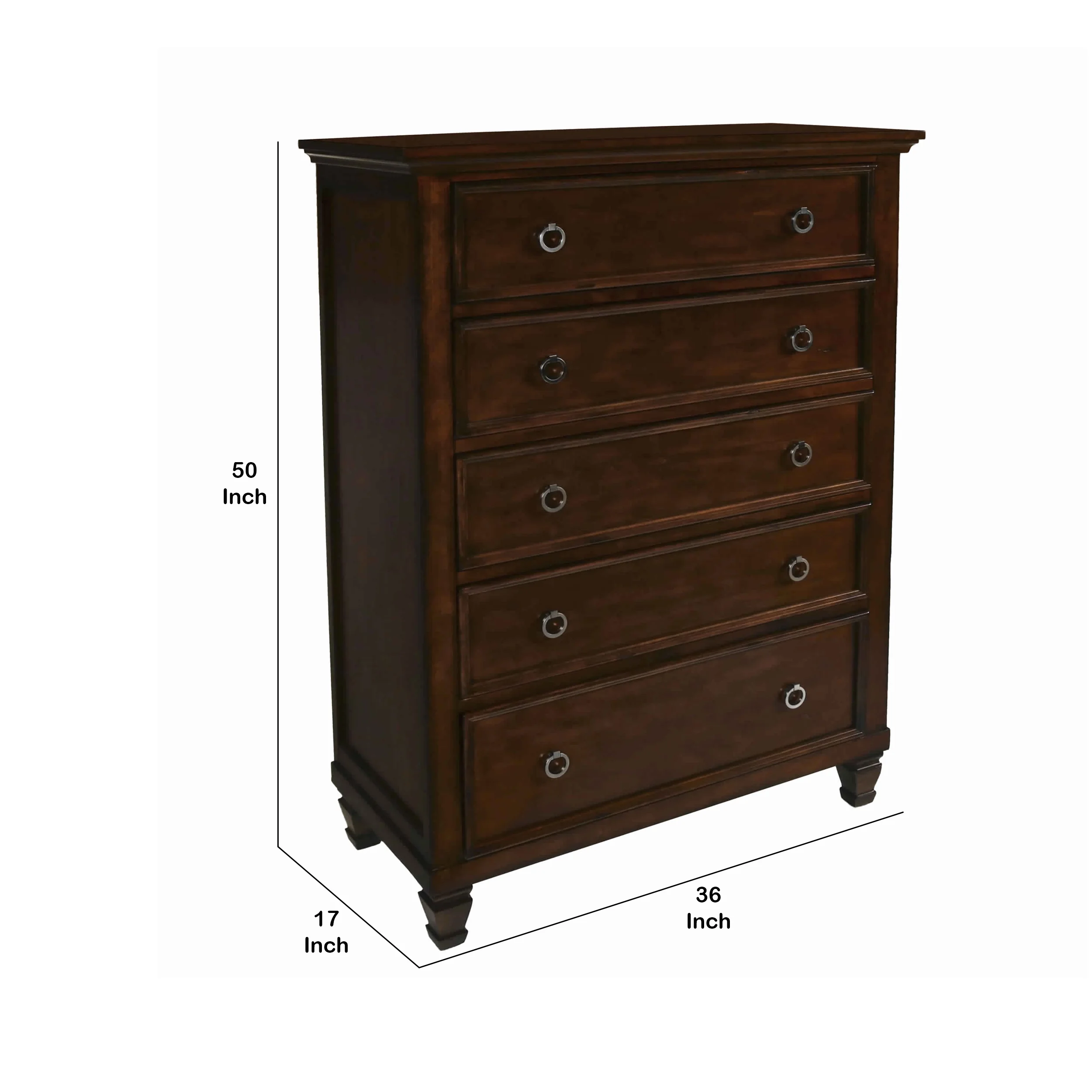 Transitional 5 Drawer Wooden Chest with Molded Top and Ring Pulls, Brown