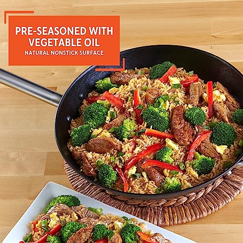 Imusa LCI-19008 Light Cast Iron Wok Pre-Seasoned Non-Stick with Stainless Steel Handles, 14