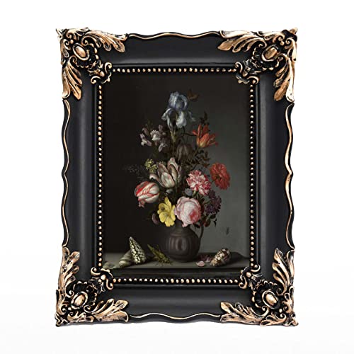 8x10 Vintage Picture Frame with Embossed Flower Design, Black Ornate Frame for 8x10 or 5x7 Pictures with White Mat, Hand-Crafted Resin Antique Frames for Tabletop & Wall Hanging, Home Decor (Black)