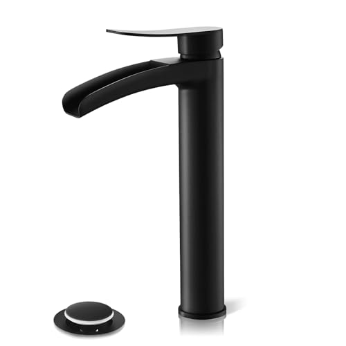 Phiestina Brushed Gold Tall Bathroom Vessel Sink Faucet, Single Hole Single Handle Waterfall Modern Bathroom Faucet, with Pop Up Drain and Water Supply Line, NS-SF01-BG-V