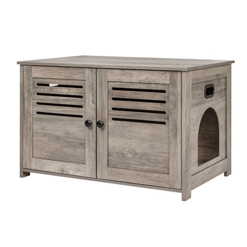 DINZI LVJ Litter Box Enclosure for 2 Cats, Hidden Litter Box Furniture with Double Rooms, Dual Cat Litter House with Louvered Front Doors, 47.2