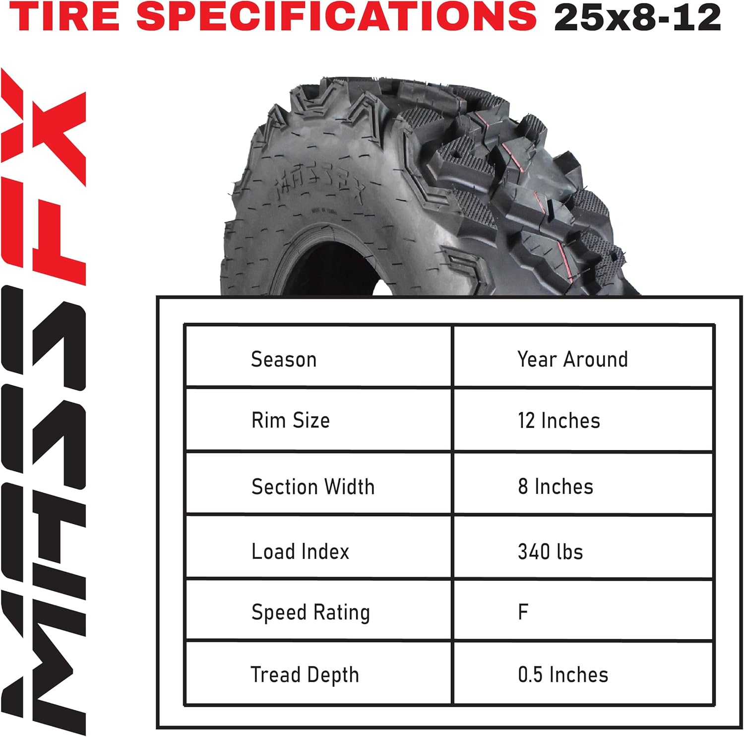 4 New 25x8-12 25x10-12 KT MASSFX ATV UTV all-terrain Tire Set 6 PLY 25