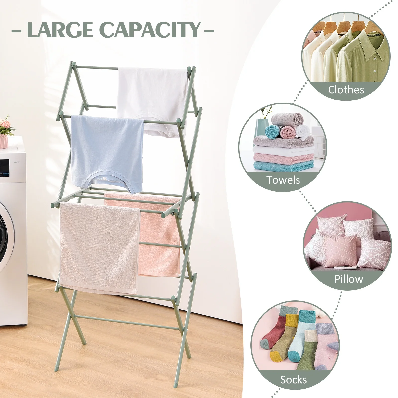 KK KINGRACK Clothes Drying Rack, 3-Tier Collapsible Steel Laundry Rack,Green