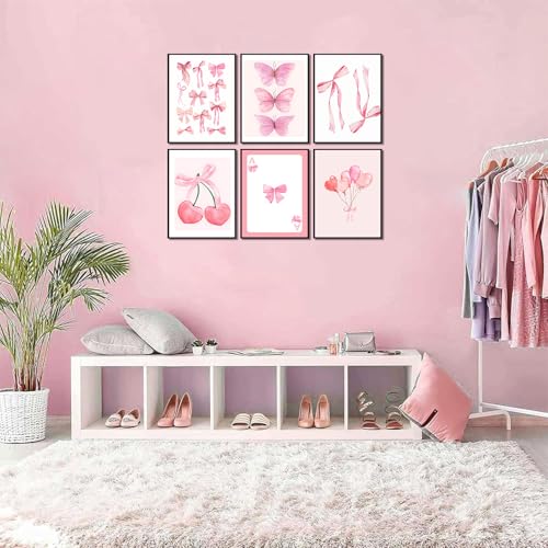 WYHLMTQ 6pcs Pink Bow Canvas Wall Art Trendy Cute Girly Watercolor Bows Prints Painting Room Aesthetic Wall Decor Preppy Posters Coquette Room Decor for Living Room Girls apartment 8x10in Unframed