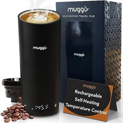 Muggo 12 oz Self-Heating Coffee Mug, Temperature Control Travel Mug, Black Portable Heated Coffee Mug with Leak-Proof Lid & 3-Hour Battery Life