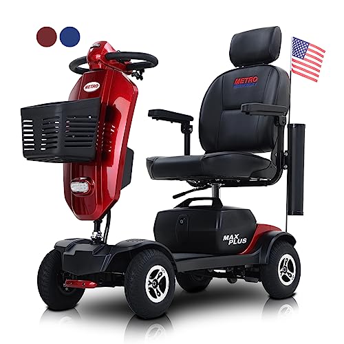 4 Wheel Mobility Scooter, Portable Electric Power Wheelchair, Range Extended Battery Compact Heavy Duty Travel Scooter, with Front Rear Lights and Basket for Seniors, Adults,Handicapped, Elderly (Red)