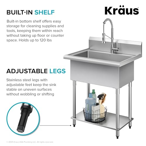 KRAUS Standart Pro 32 Inch 18-Gauge Stainless Steel Scullery Sink, 24 Gallon Freestanding Commercial Style Single Bowl Laundry & Utility Sink, KHS230-32